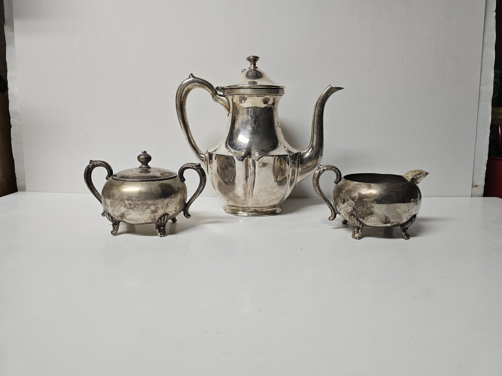 Wallce Bro Silver V561 Silver Tea Pot, English Silver Co. Sugar Bowl & Creamer