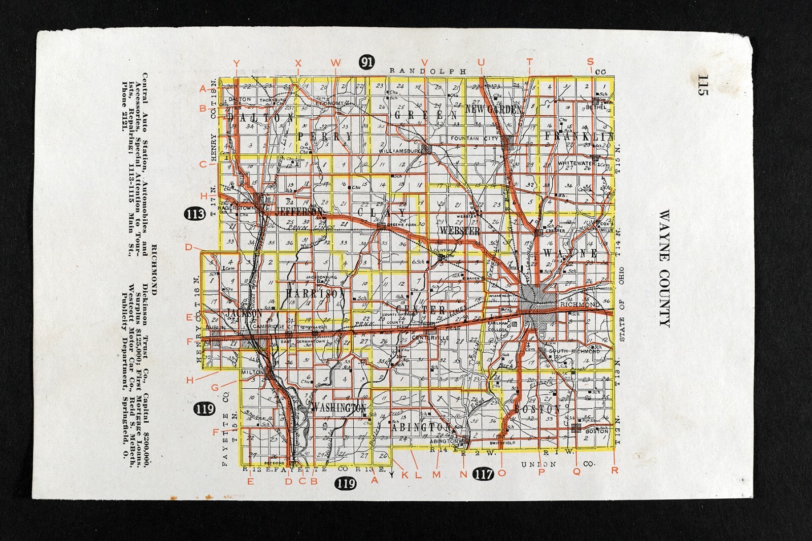 1917 Bowen Auto Map Wayne County Indiana Richmond Hagerstown Centerville Boston