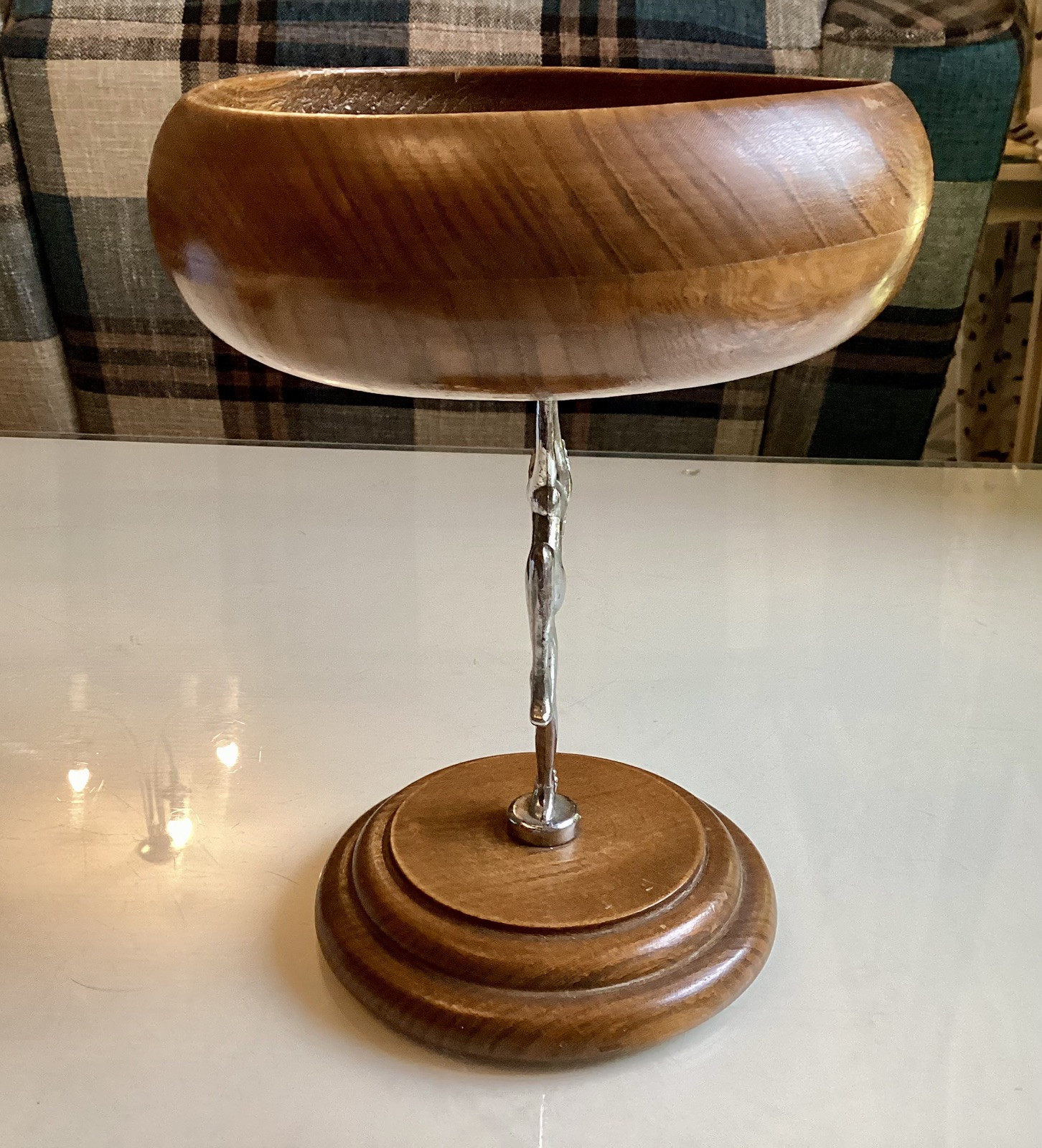 Art Deco Chrome Dancing Nude Figurine Wooden Pedestal Bowl 1930s Antique