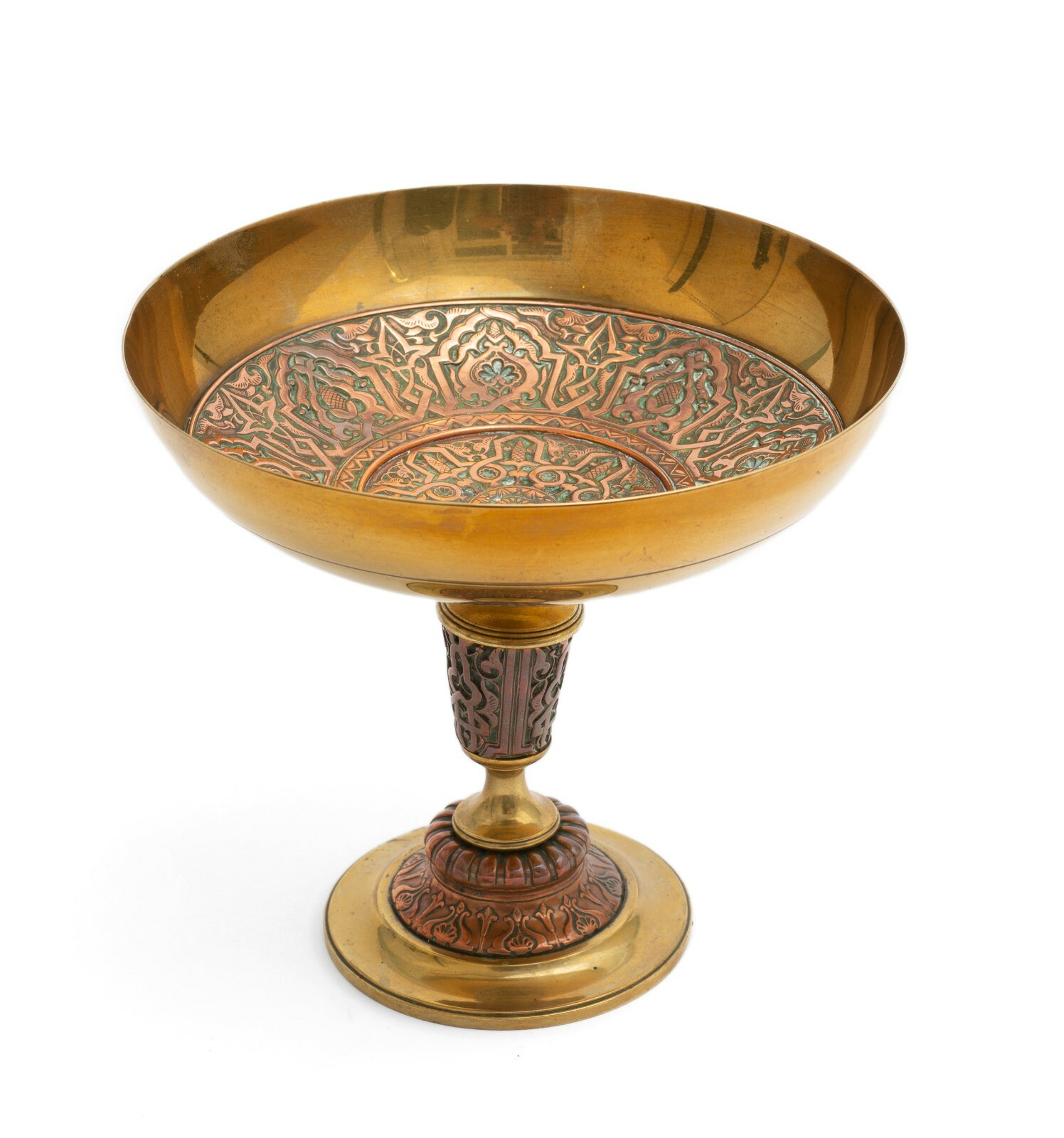 Antique Islamic Eastern Brass with Copper Inserts Pedestal Bowl / Comport