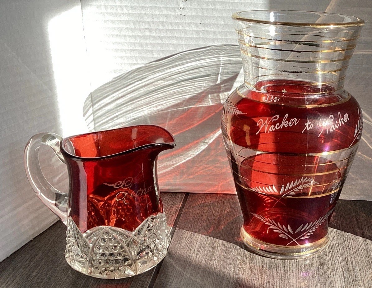 Lancaster Fair NH 1957 & 1908 Ruby Red Flash CUT GLASS 8” Vase & Pitcher
