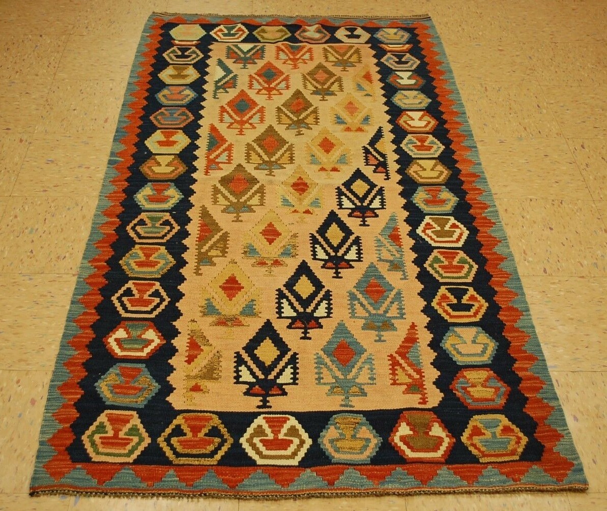 OLD, ANTIQUE CAMEL HAIR CAUCASIAN KILIM FLAT WOVEN RUG 3’5″ x 6’7″ VEG DYE
