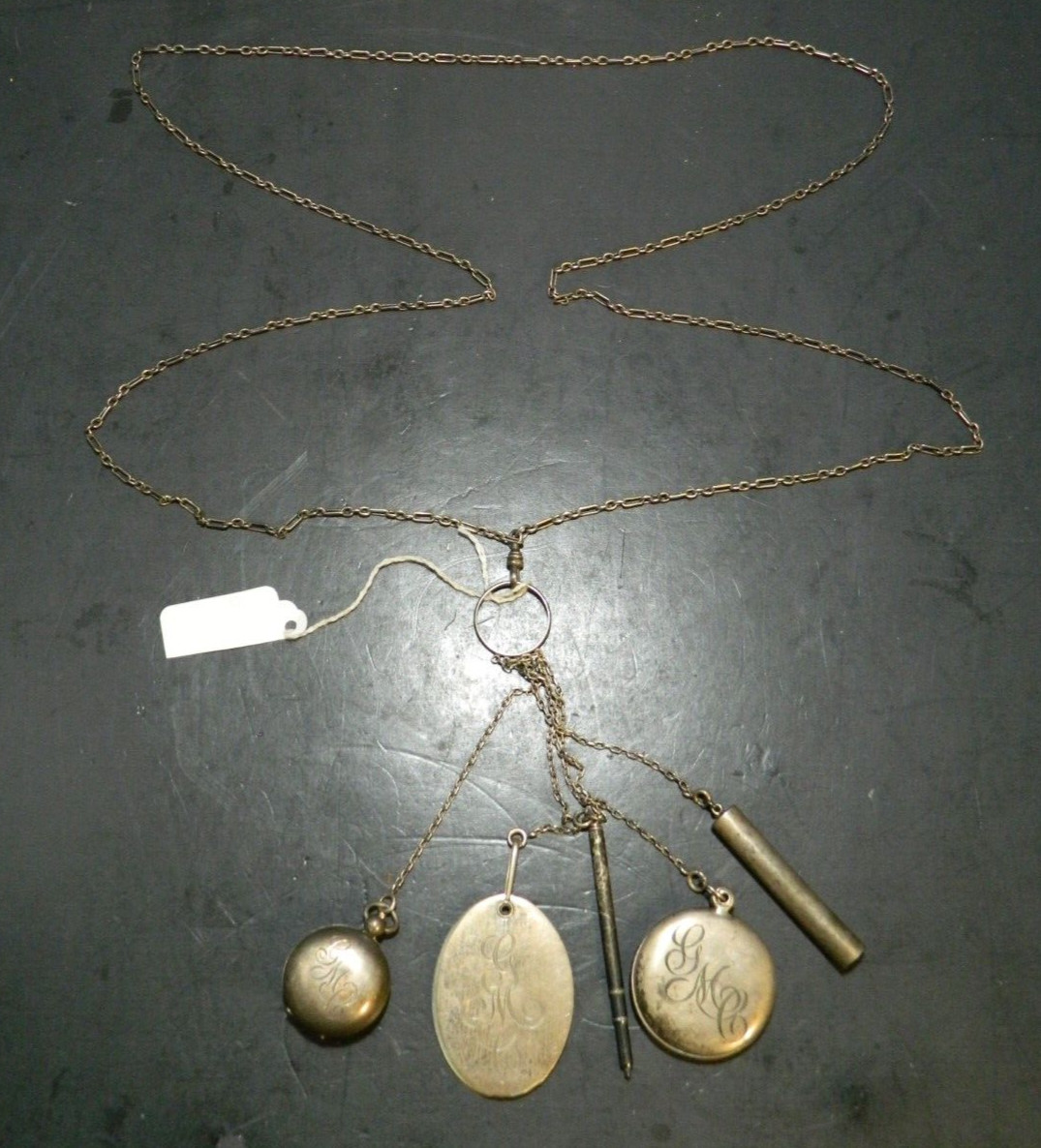 Antique Victorian Sterling Silver Social Chatelaine Monogrammed GWS Necklace VG