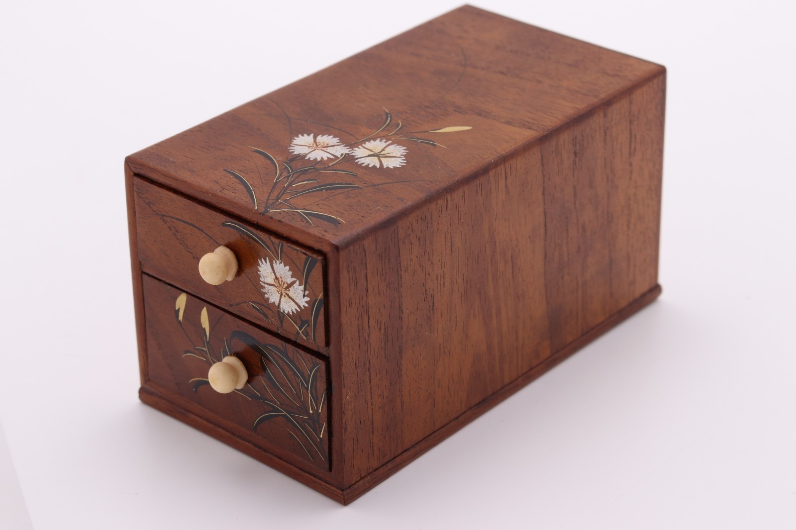 Rare Jewelry Box Japanese Antique Lacquer Maki-e Nadeshiko 2 Drawer Wooden Case