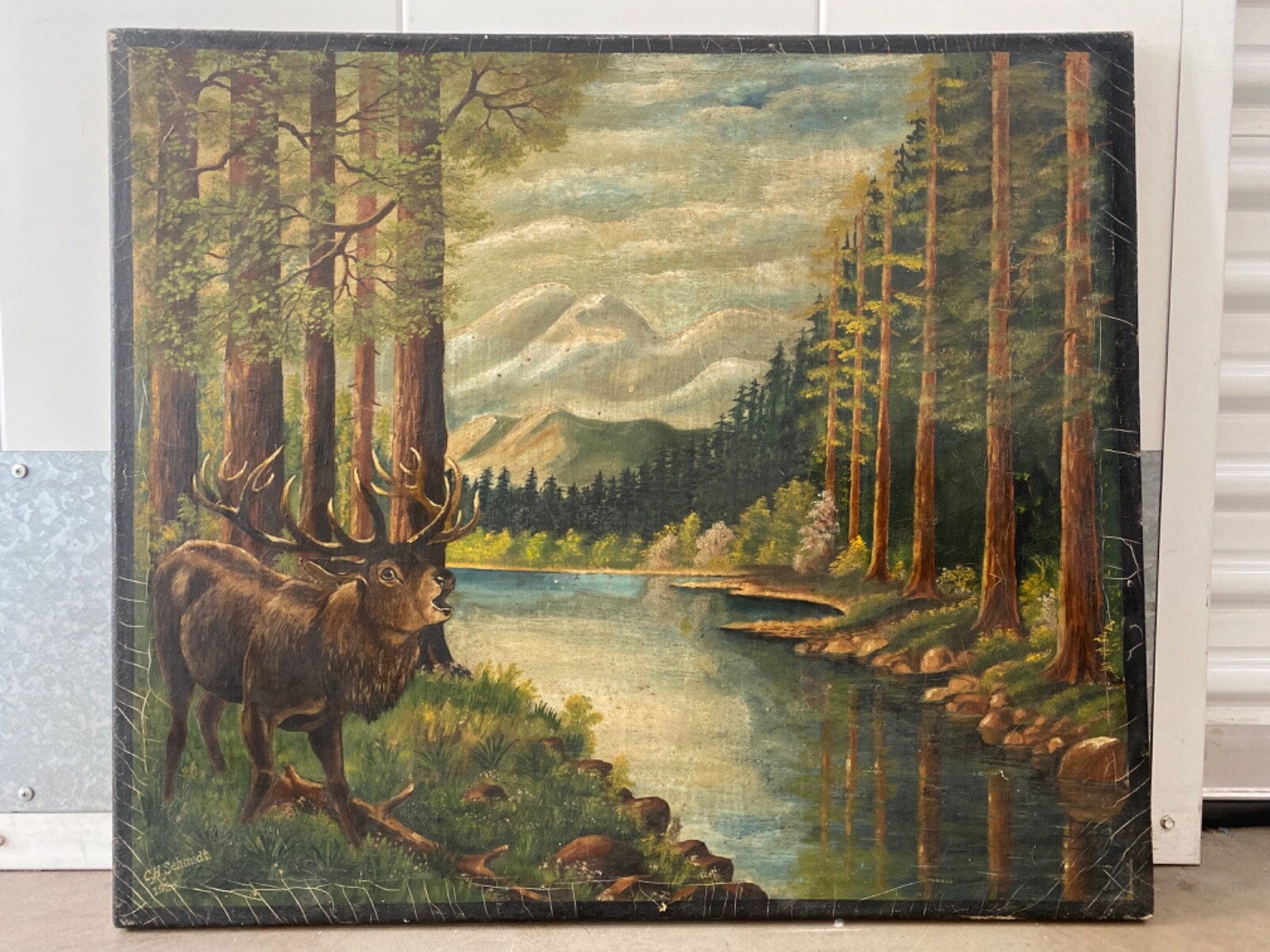 🔥 Antique Old Primitive American Folk Art Forest Elk Landscape Oil Painting ’26