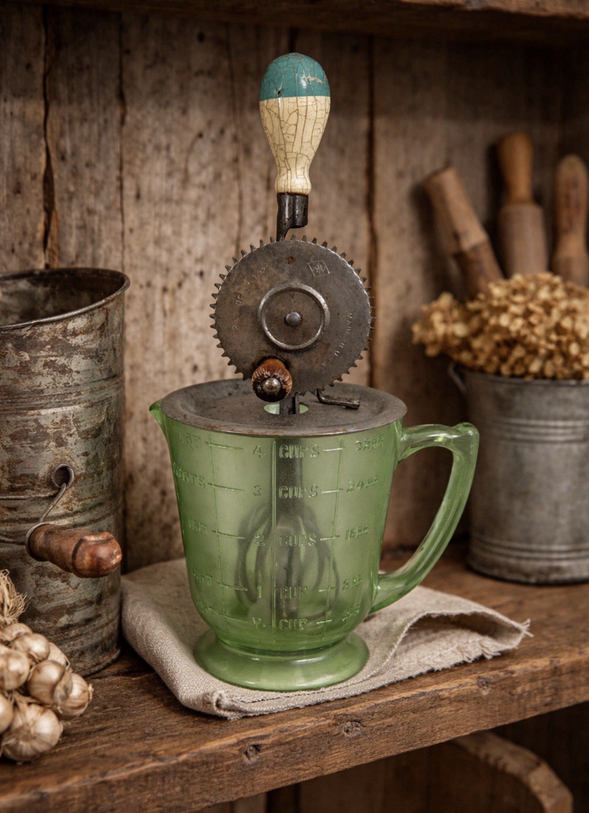 Uranium Depression Glass Quart Measuring Cup w/ Vintage Hand Mixer Beater 1923