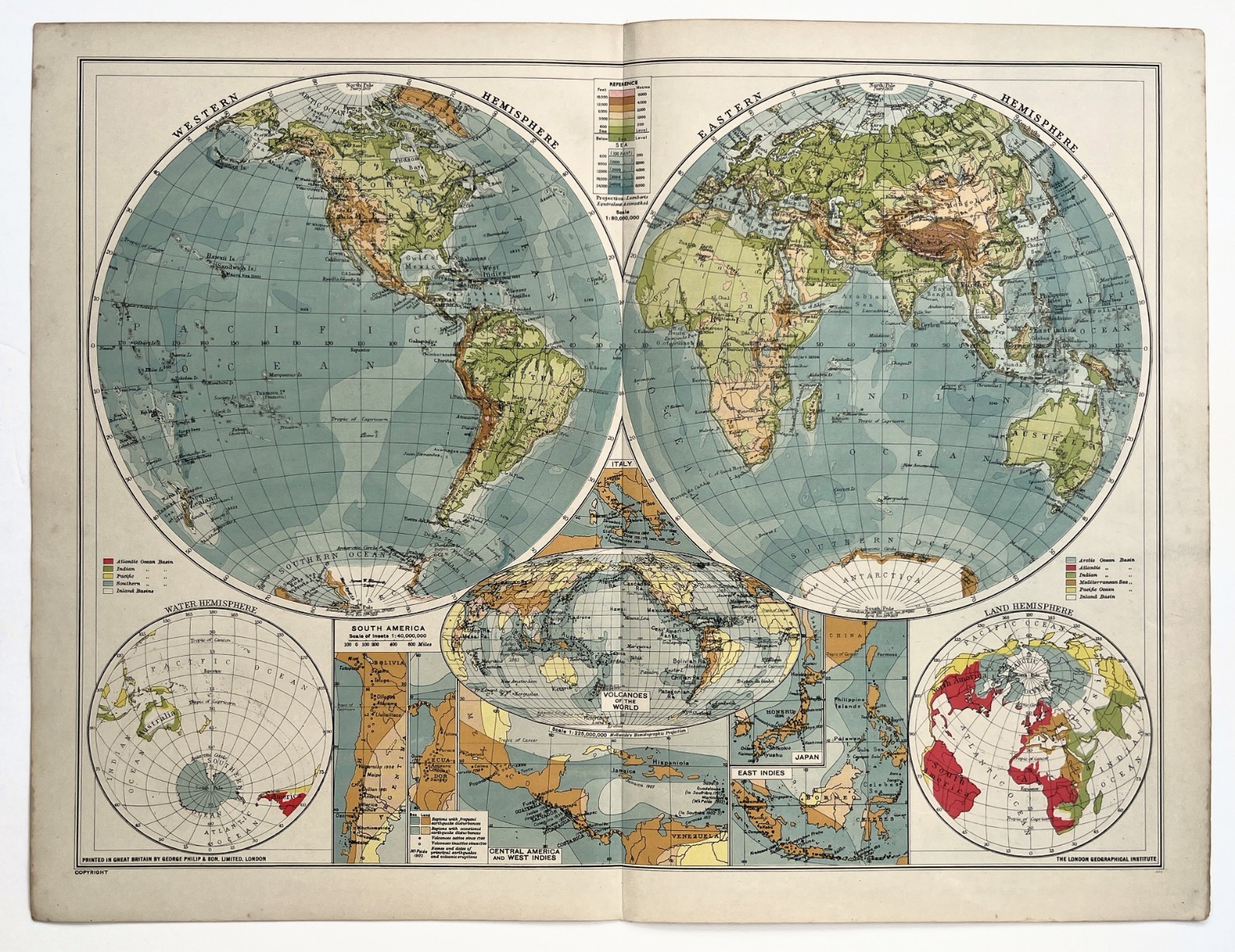 WORLD IN HEMISPHERES – 1945 VINTAGE FOLDING MAP – PHILIPS – 40 x 50 cm