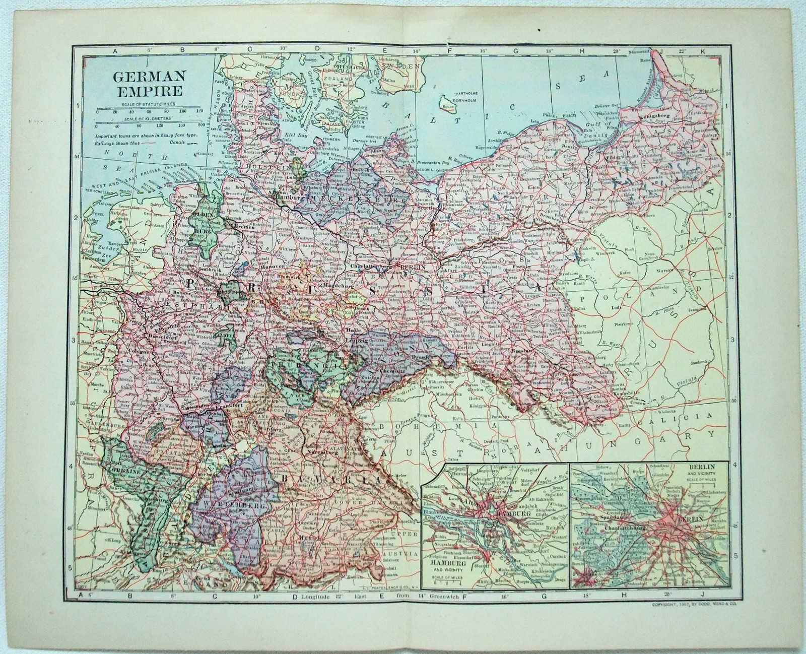 Germany – Original 1902 Dated Map by Dodd Mead & Co. Germany Prussia Antique