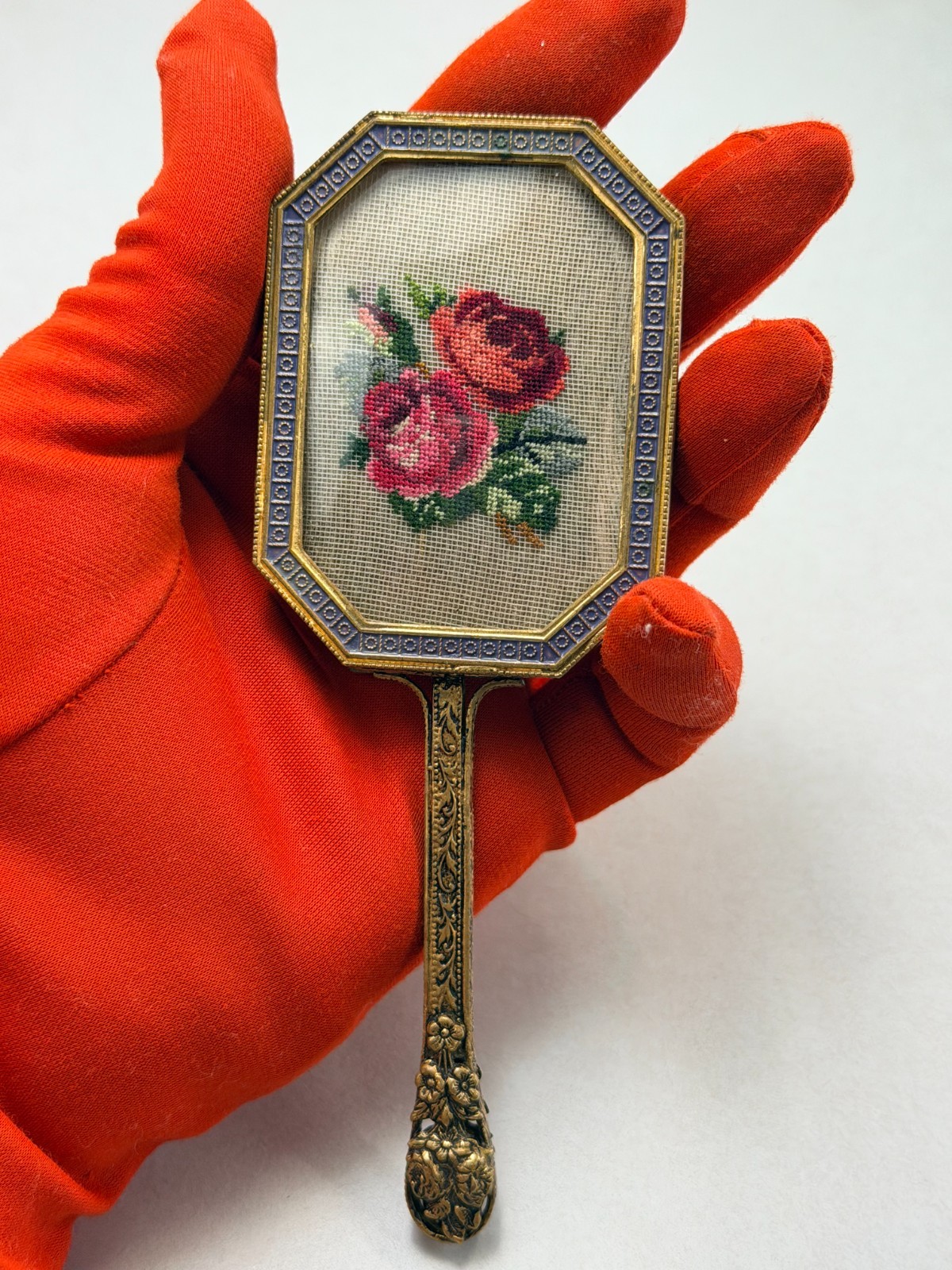 Vintage Ornate Hand Mirror Floral Needlepoint Gold Tone Small Vanity Mirror