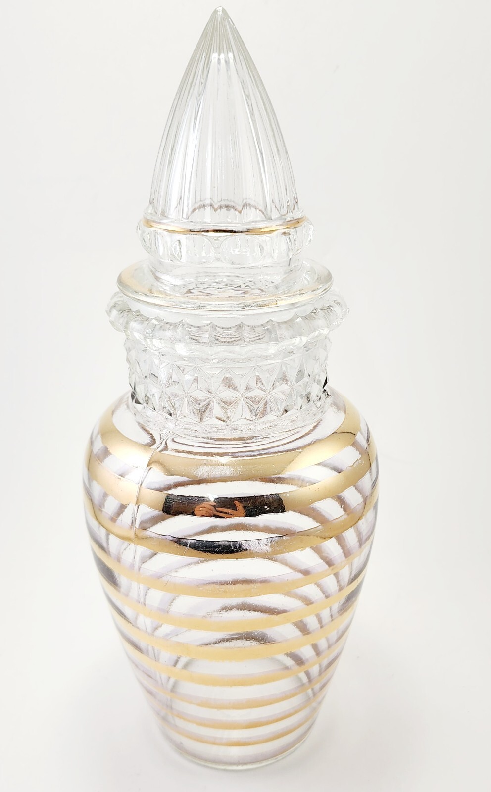 Vintage Apothecary Glass Candy Jar with Gold Bands Stripes & Lid Store Display