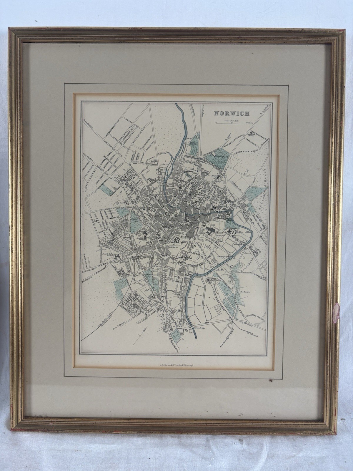 Antique Norwich City Plan Map, Fullarton c1860s, Framed 29×35.5cm,