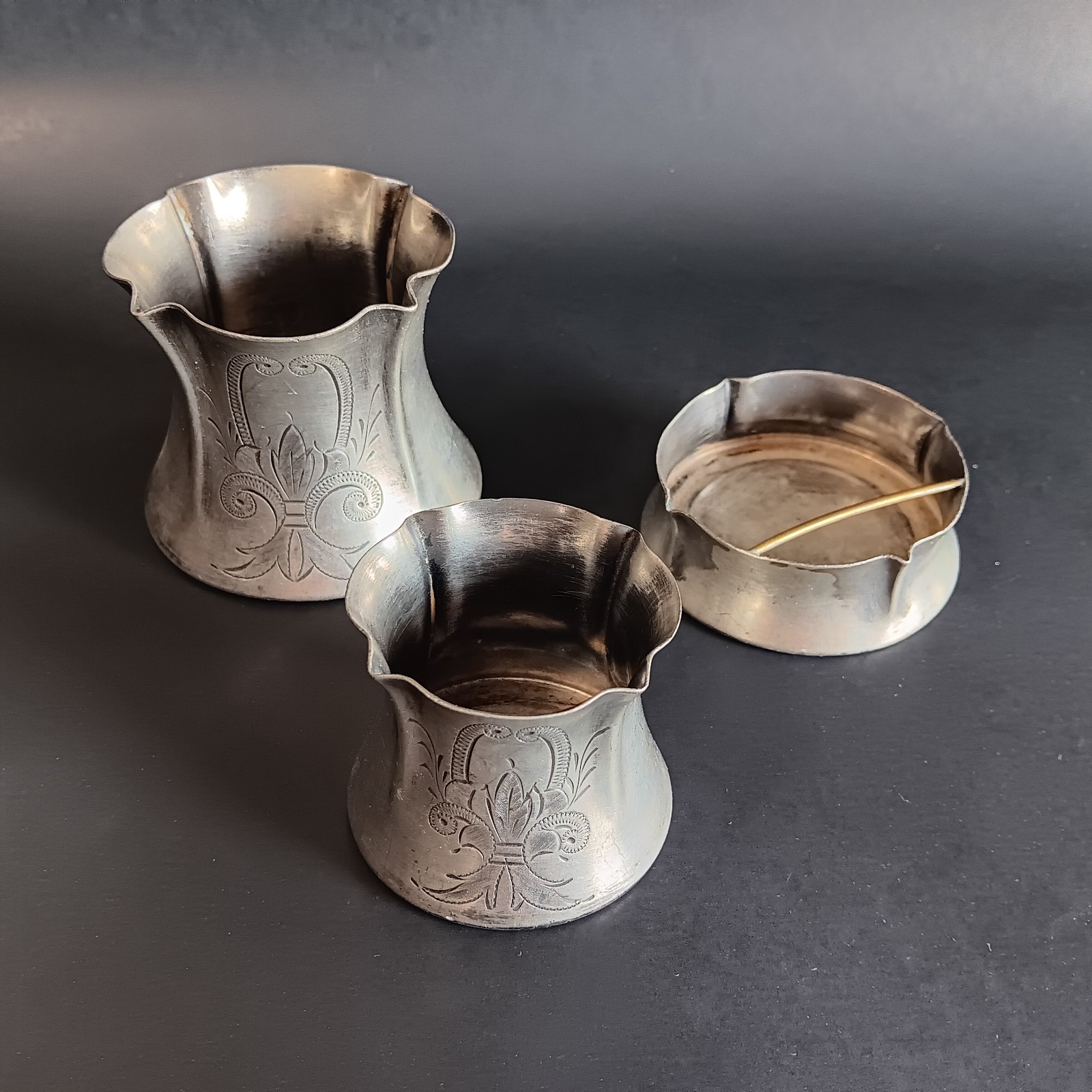 Silver Plated Engraved Victorian Cups Match Cigarette Holder Ashtray Smoking Set