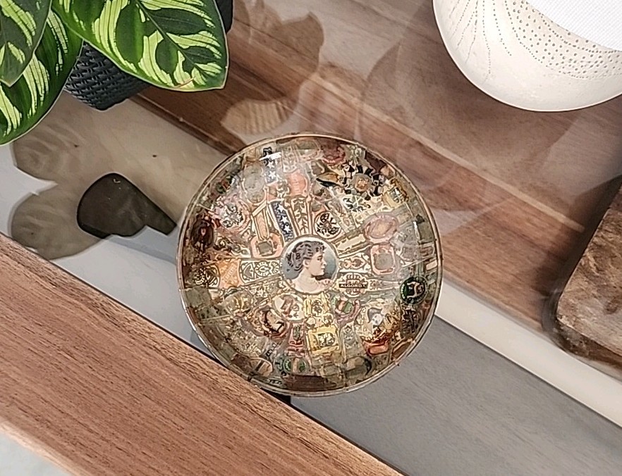 Antique Cigar Band Folk Art Glass Decoupage Dish/Bowl
