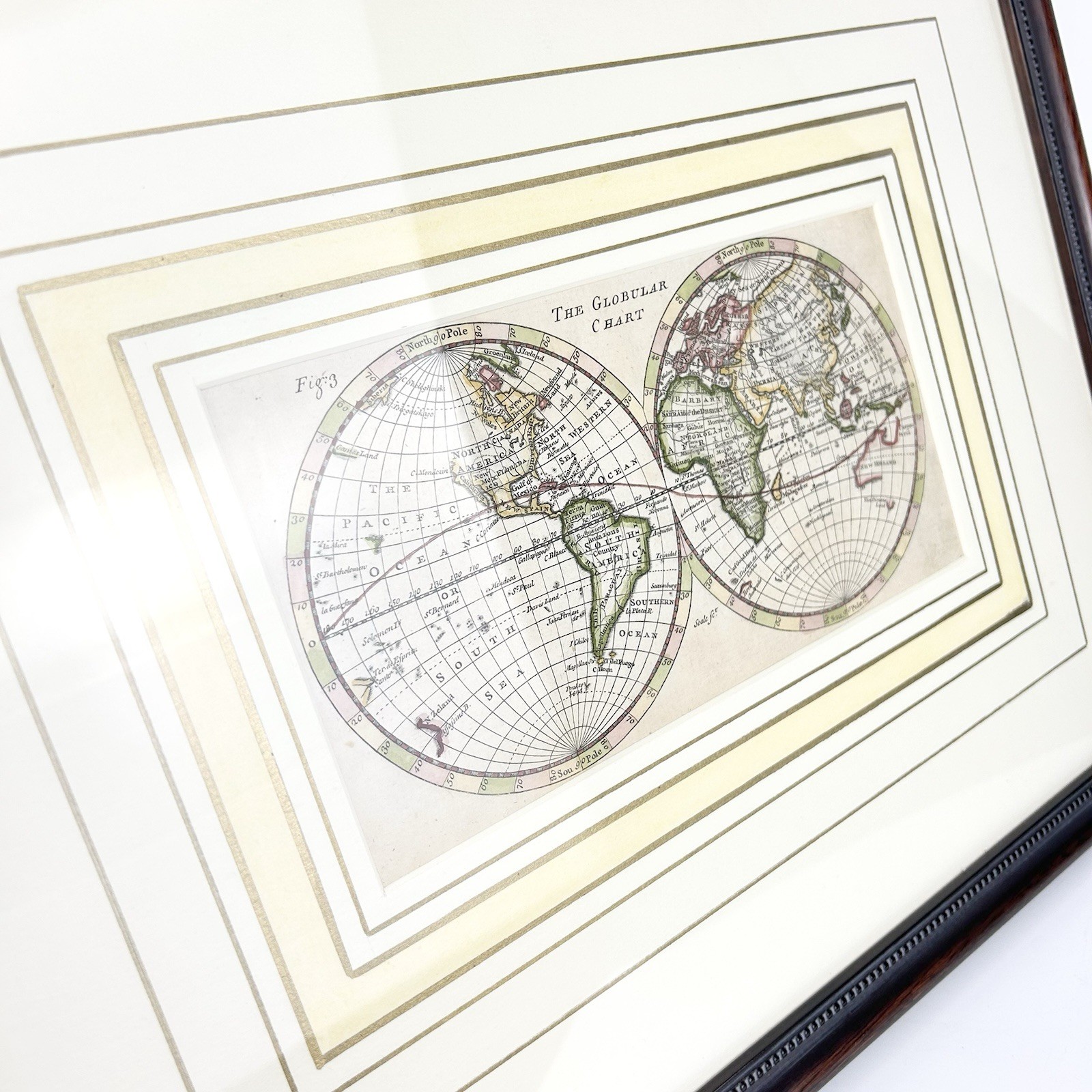 John Hinton Globular Chart Double Hemisphere Hand Colored World Map 1745