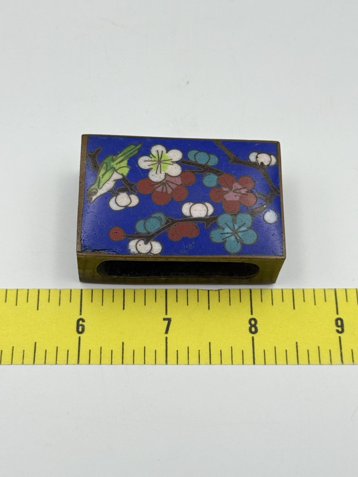 Antique Chinese Cloisonné Matchbox Cover Plum Blossom Bird Enamel Brass