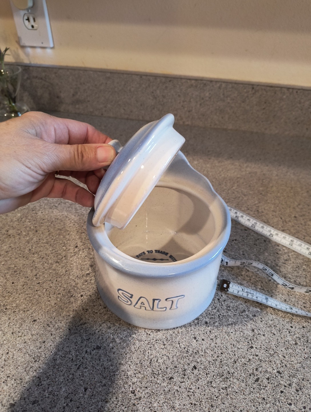 Western Stoneware Blue & White Salt Box W/Lid Crock Wall Hanging Pottery