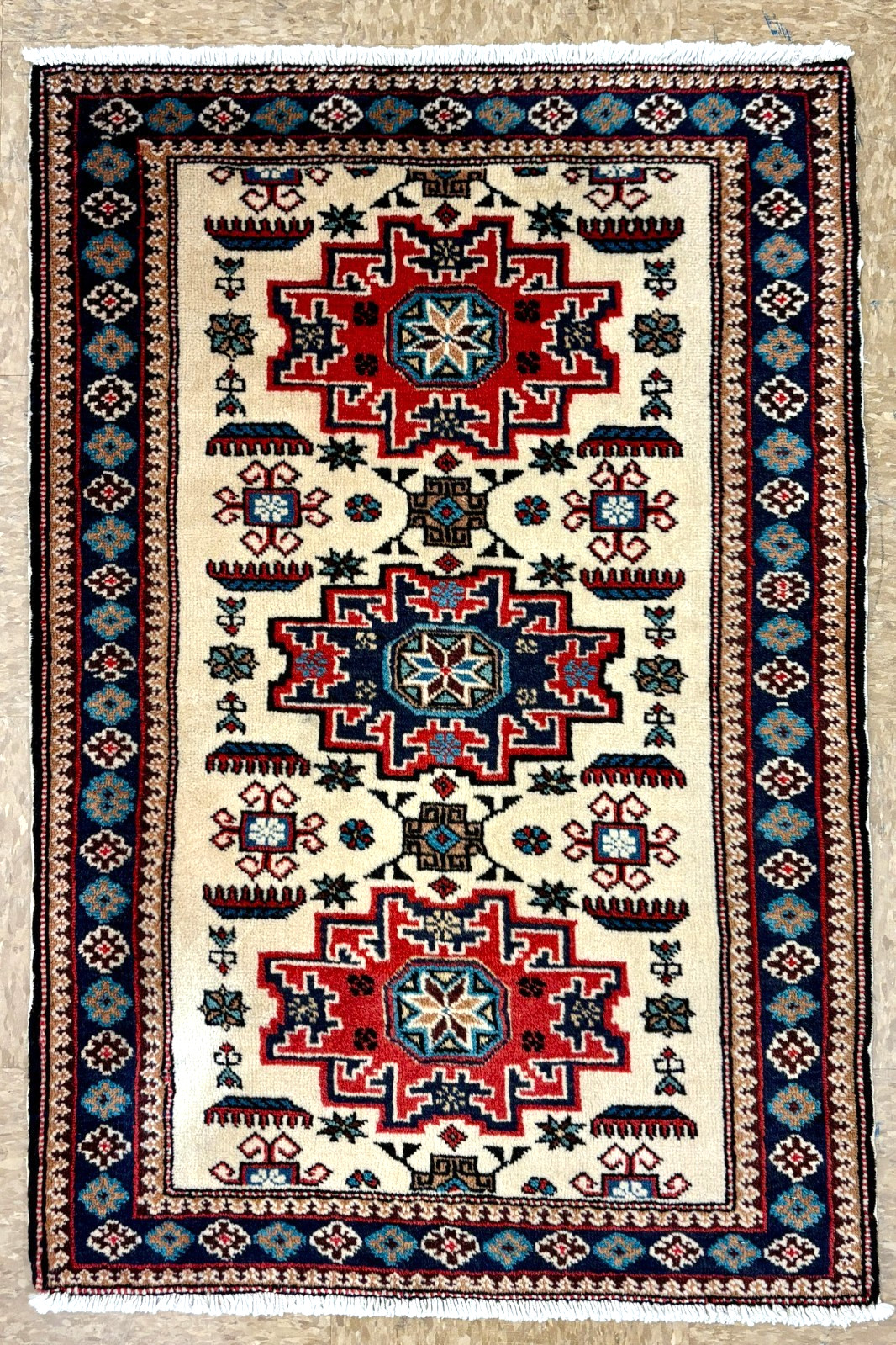 2×4 Vintage Hand Knotted Cream Ardebil Rug Wool Tribal Geometric Area Rug
