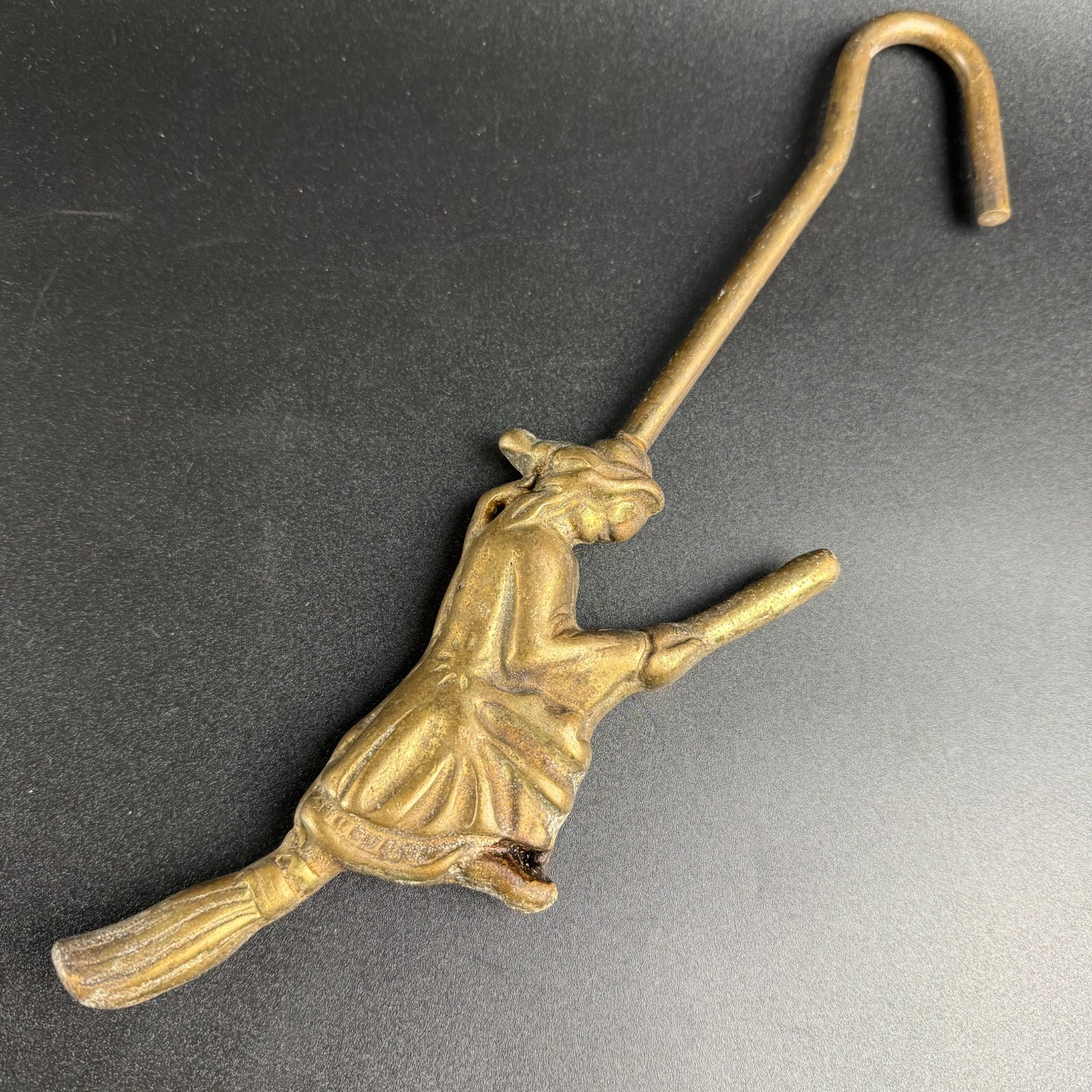 VTG MCM Brass Witch on Broom Fireplace Damper Hook 12”x2.75”
