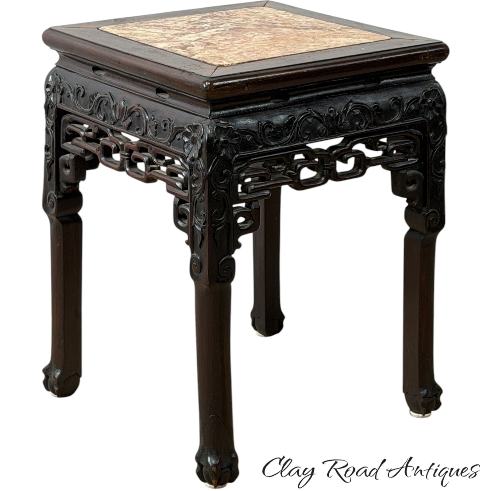 Antique Chinese rosewood victorian rose marble top plant stand pedestal ornate