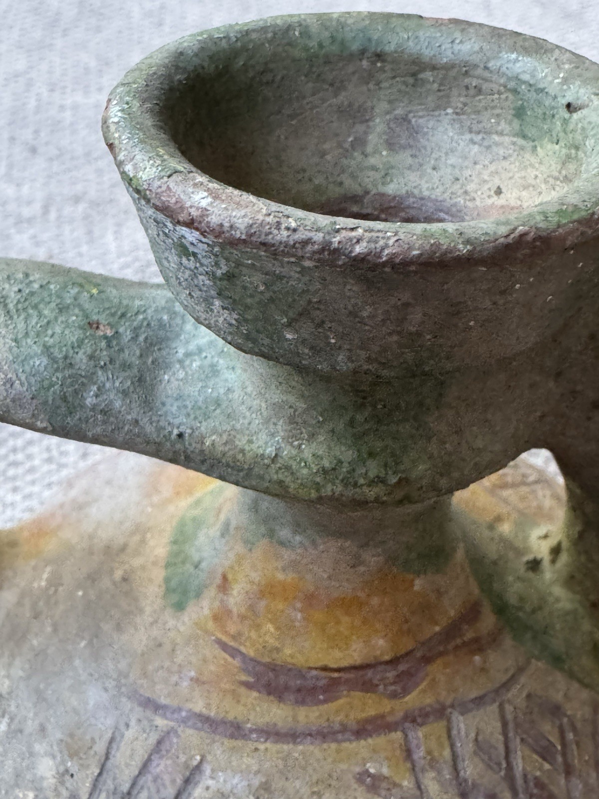 Antique Primitive Glazed Hungarian Terracotta Pottery Wine Olive Two Spout Jug