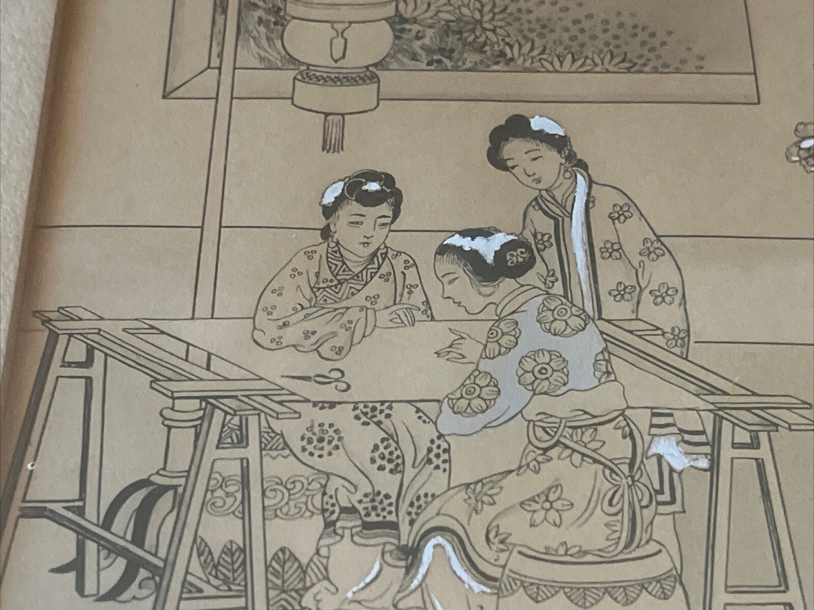 Antique 1920’s Chinese Ladies at Work Woodblock Art Hand Painted Frame Deland