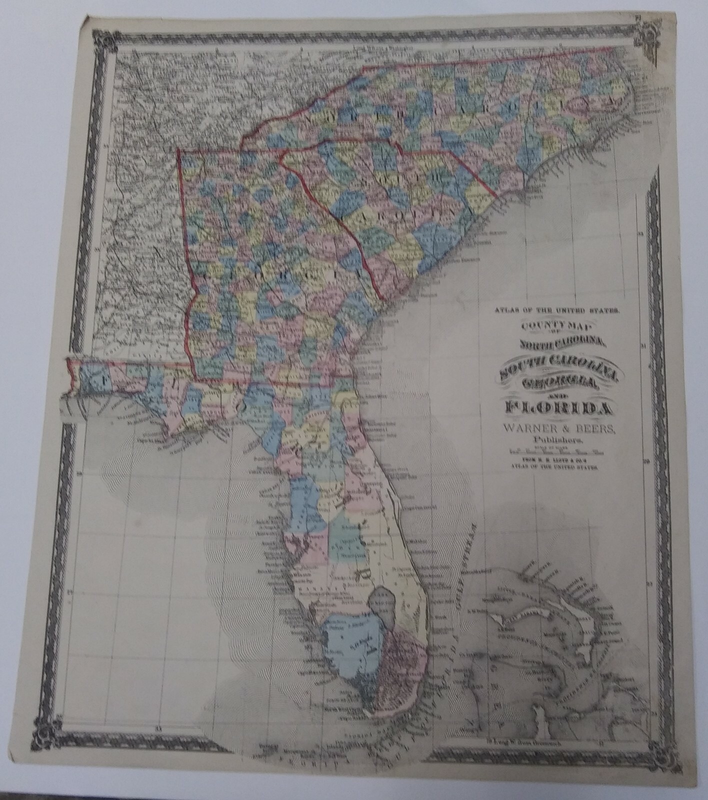 Antiquarian 1875 County Map of NC SC GA & FL Warner & Beers