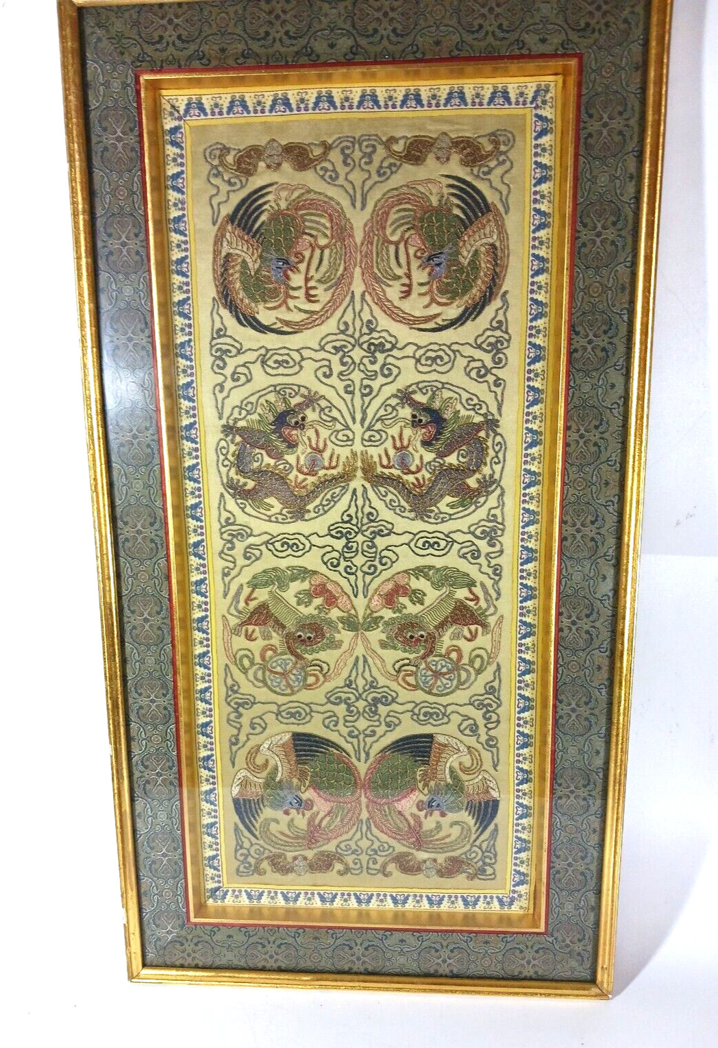 Antique Chinese Silk Embroidery Panel Good Fortune Five Toed Imperial Dragons