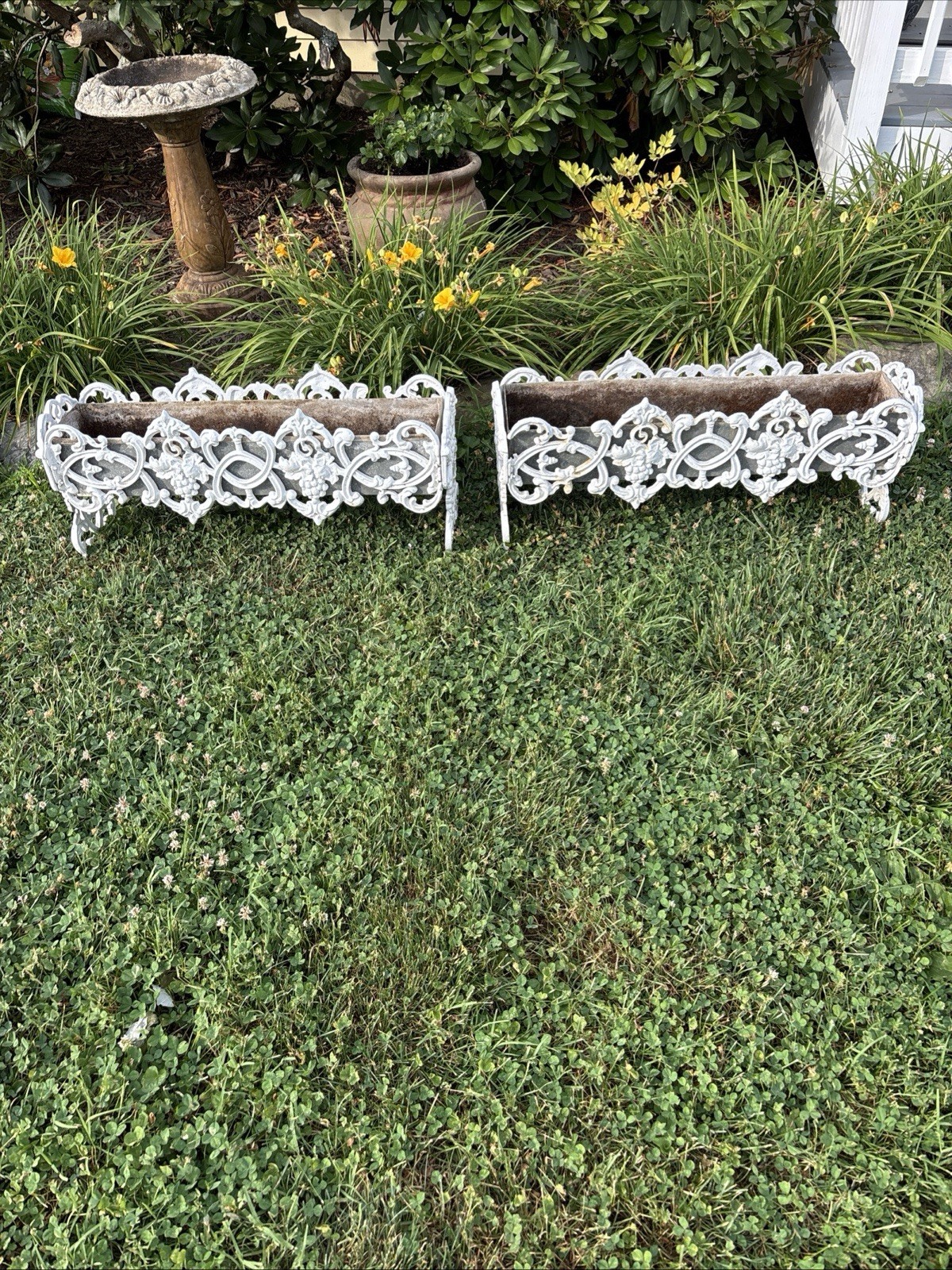 Pair Of Victorian Vintage Cast Iron Outdoor Garden Patio Planters 31 L 8W 13H