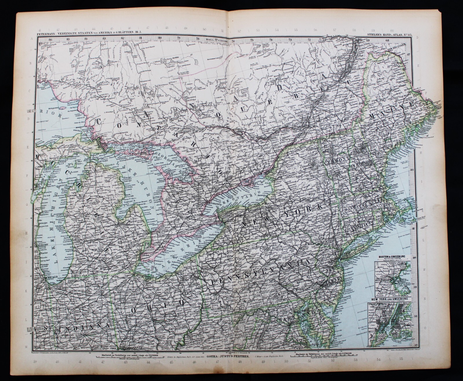 STIELERS HAND ATLAS WORLD MAP PLATE PAGE NO.85 NORTH EASTERN UNITED STATES 1888
