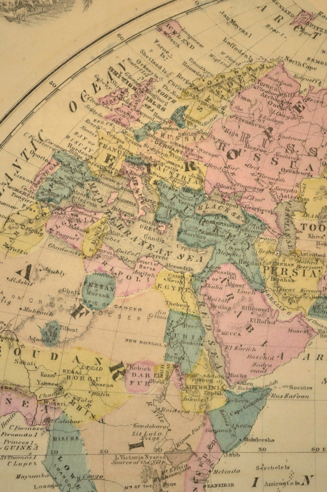 ca 1875 World Map of the Eastern Hemisphere Hand Colored Original Atlas Antique