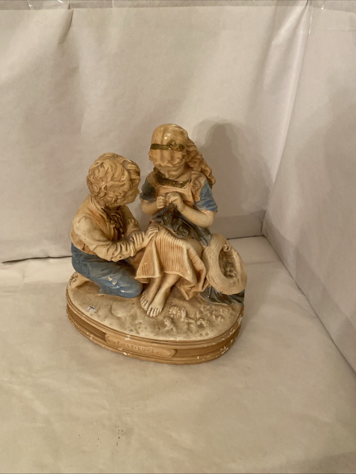* FIRST LOVE young boy & girl Courting Sculpture chalkware antique Victorian