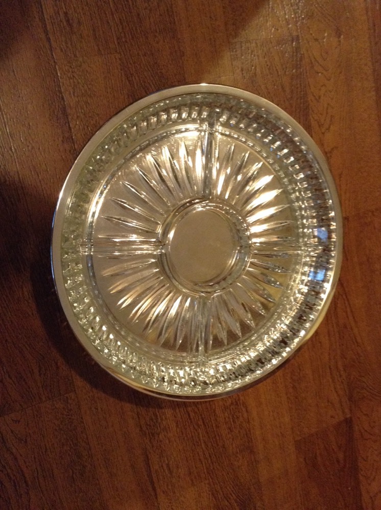 12″ Round 4 section glass insert raised edge silverplate serving tray