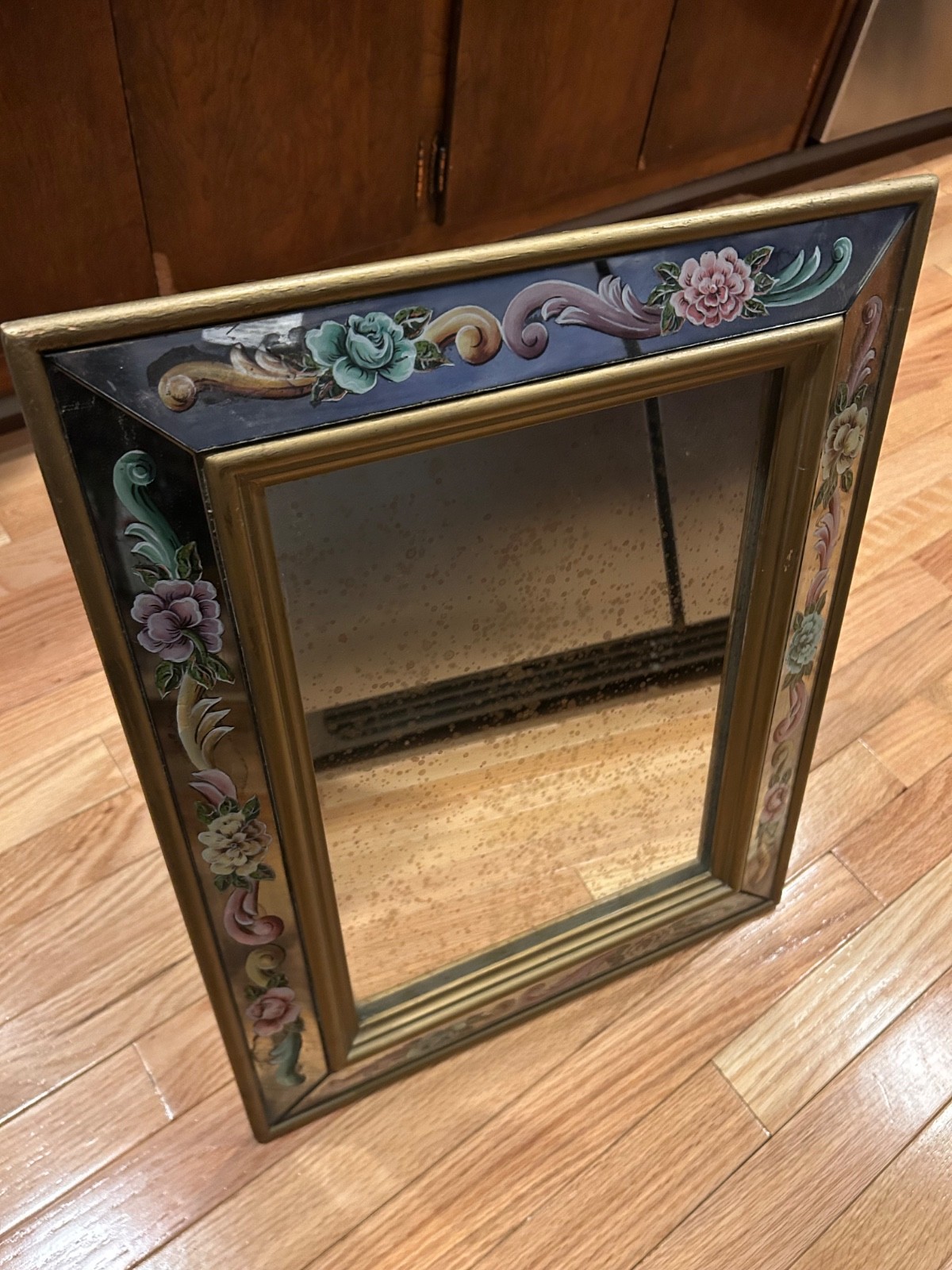Italian 1940s Verre Eglomise Reverse Painted Mirror floral easel style AS IS