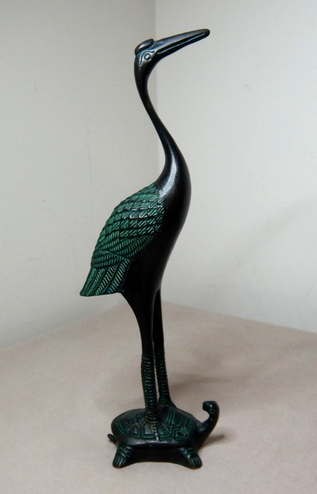 VINTAGE ASIAN BRONZE CRANE AND TURTLE STATUE WITH GREEN PATINA 22cm HIGH