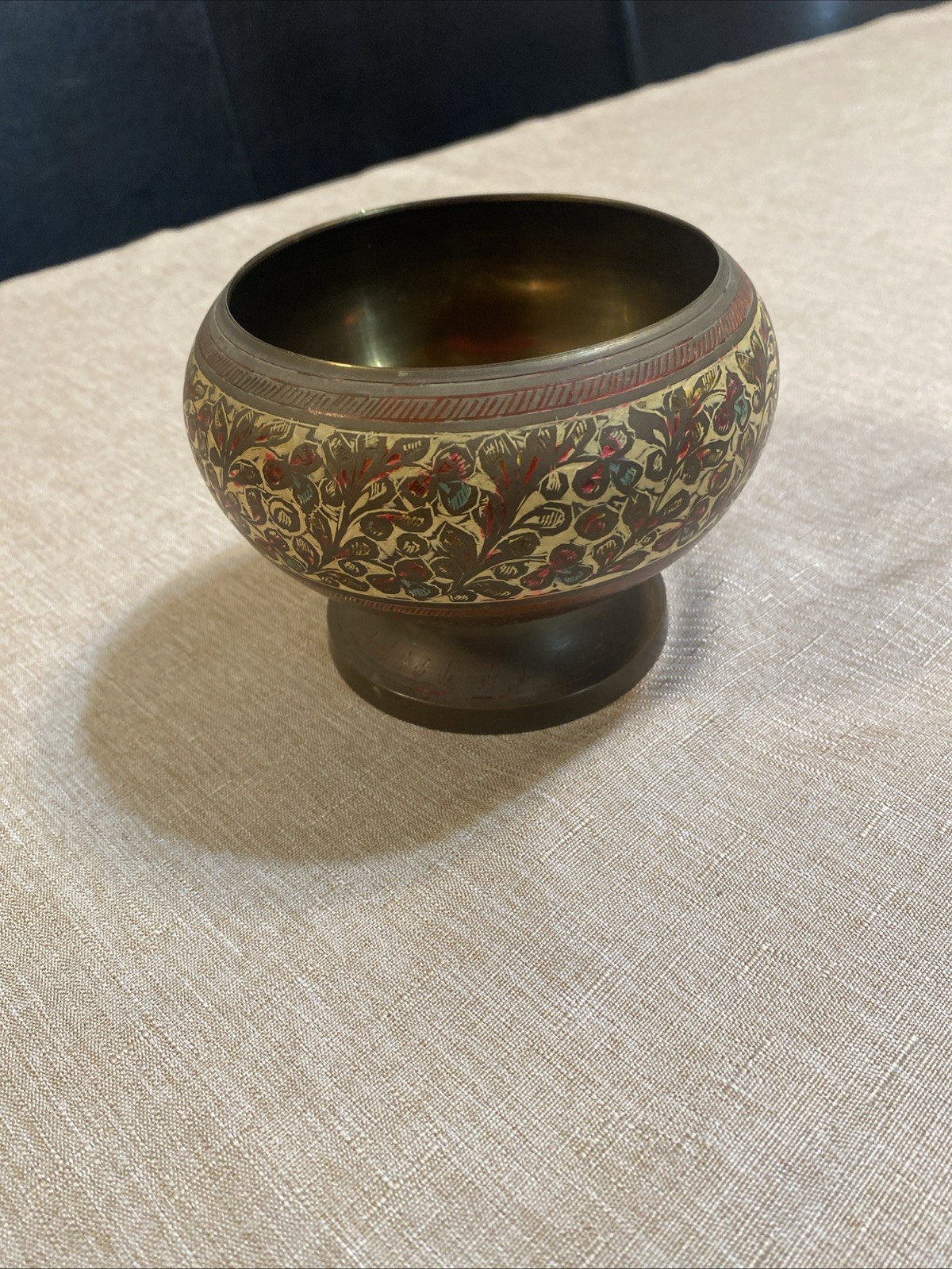 Vintage Bohemian Colorful Brass Incense Burner Green & Red Floral India worn UV