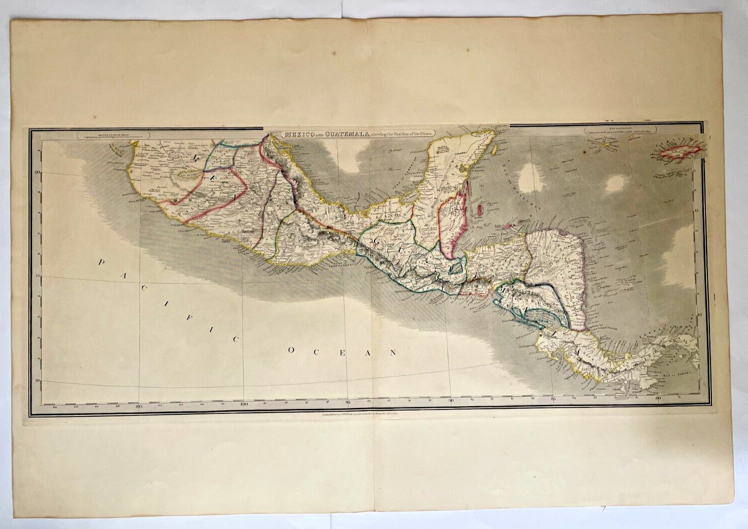 MINES OF MEXICO & GUATEMALA 1852 JAMES WYLD VERY LARGE ANTIQUE MAP