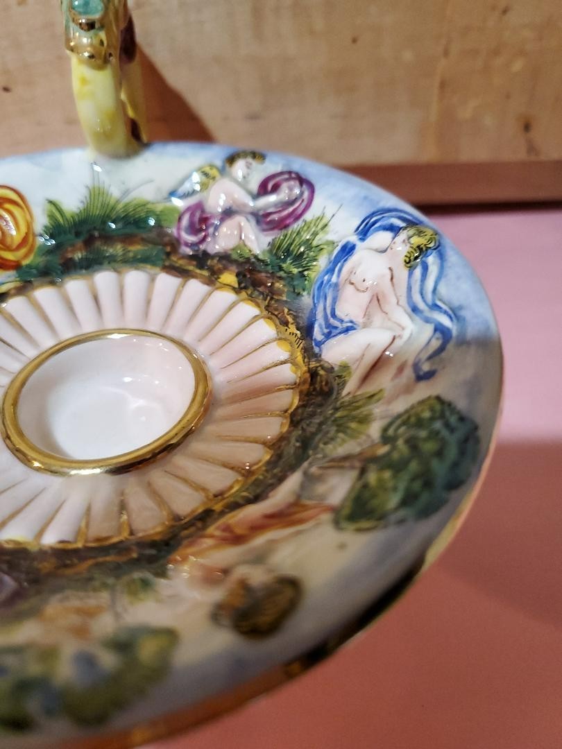 Capodimonte Handled Candle Holder CeramicVtg Cherubs-blue gold trim sign. Italy