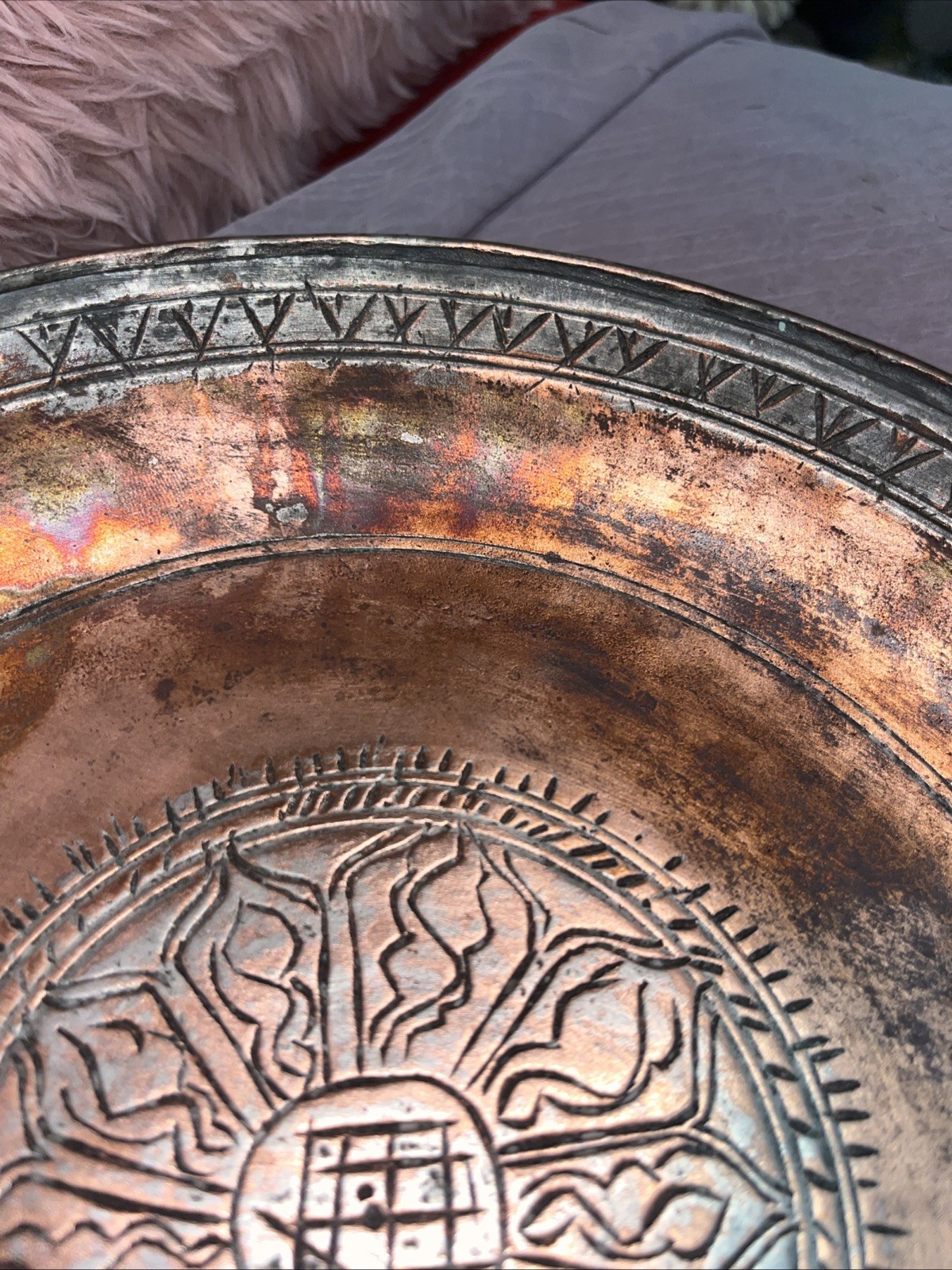 Antique 19thC Middle Eastern Tinned Copper Bowl Plate Hand Hammered Verdigris