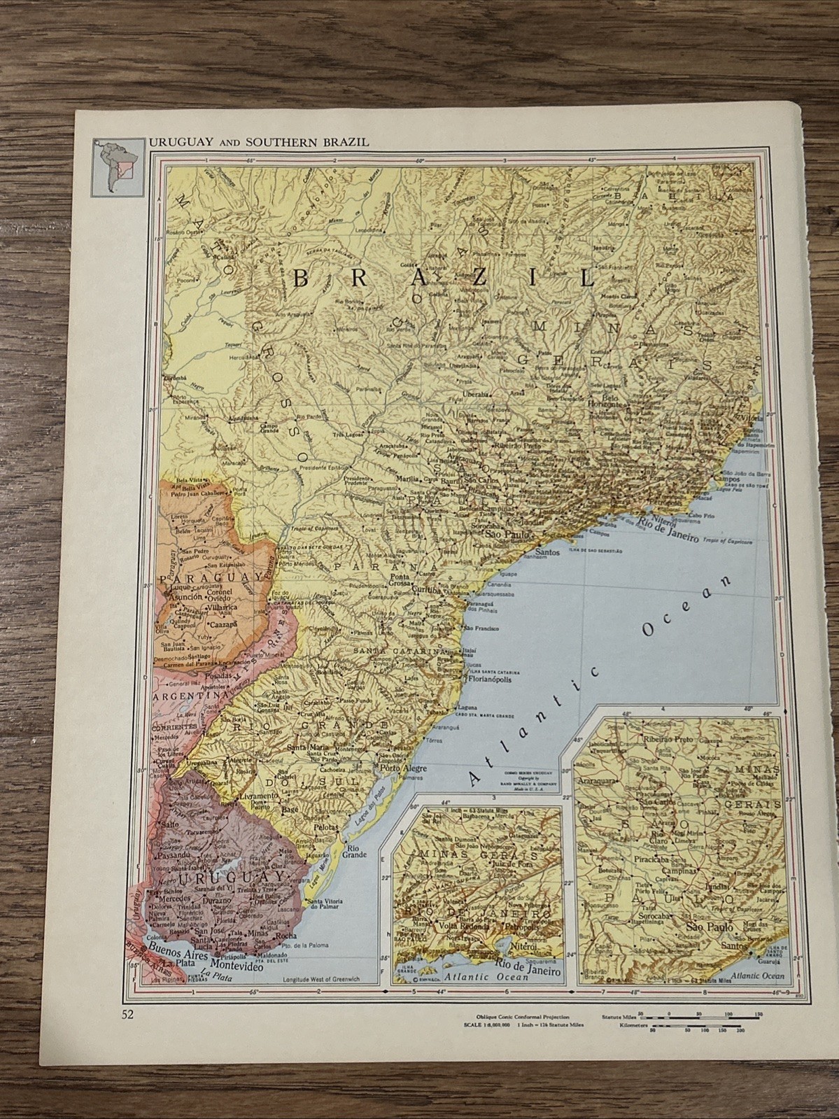 Antique 1951 Multicolor Map Of Uruguay & Southern Brazil 14”x11”