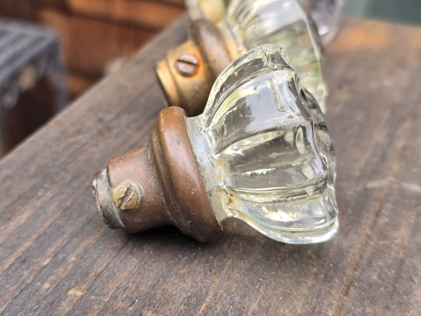 Vintage Clear Glass Door Knobs w/ Brass Shank Lot of 3 Antique Hardware