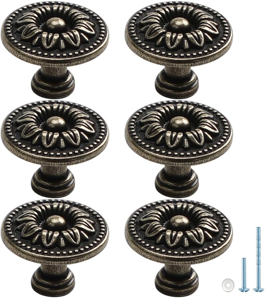 6PCS Antique Carved Cabinet Knobs, Large Size 1.38inch Retro Bronze Drawer Knobs