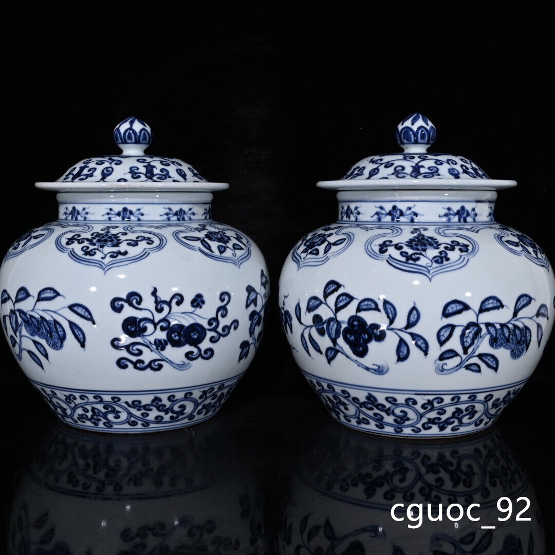 10.4″ Old dynasty Porcelain xuande mark pair Blue white Branch flower Fruits pot