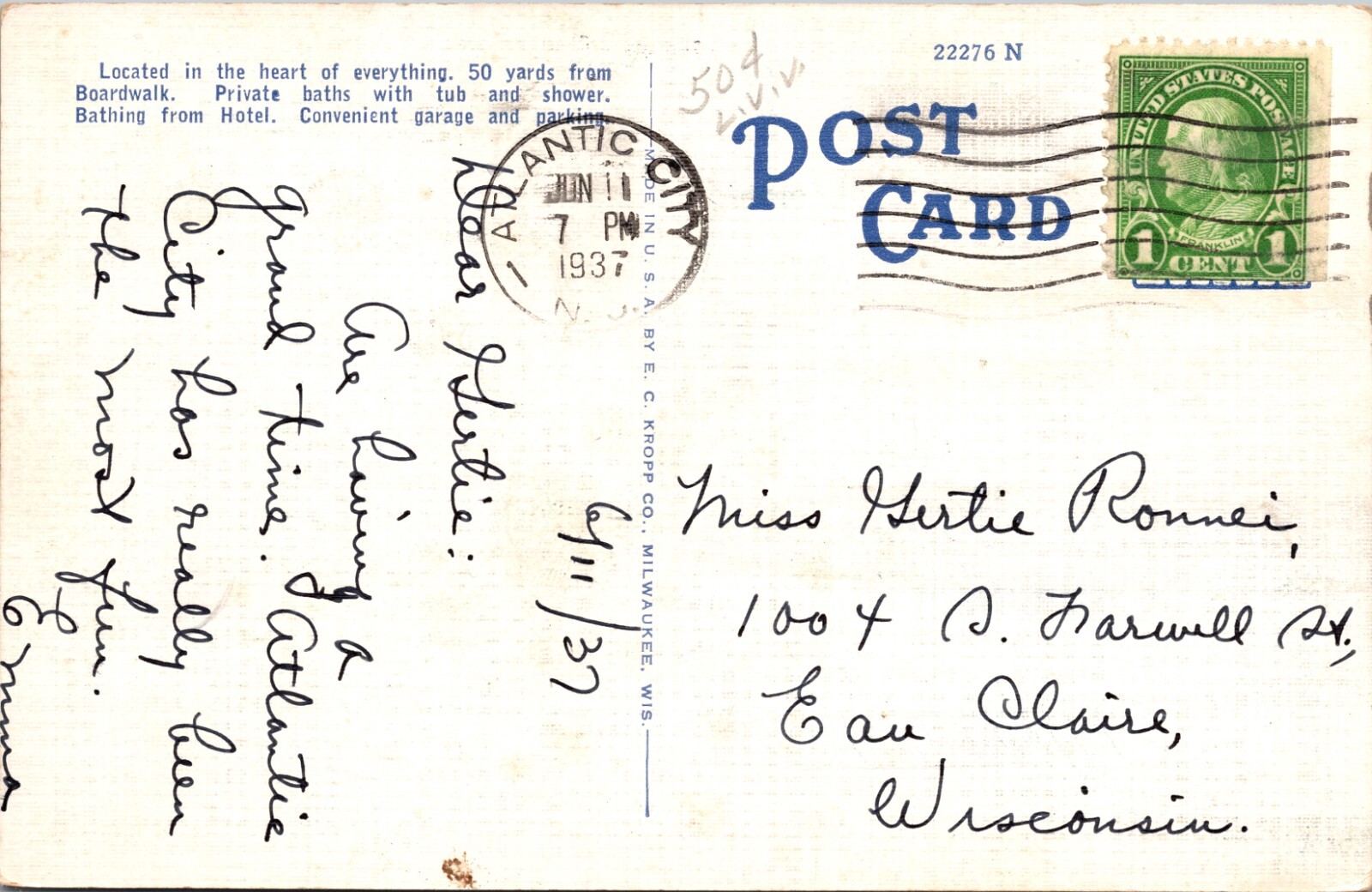 1937 Postcard; HOTEL LEXINGTON NEW YORK AVE. & BOARDWALK – ATLANTIC CITY. NJ A55
