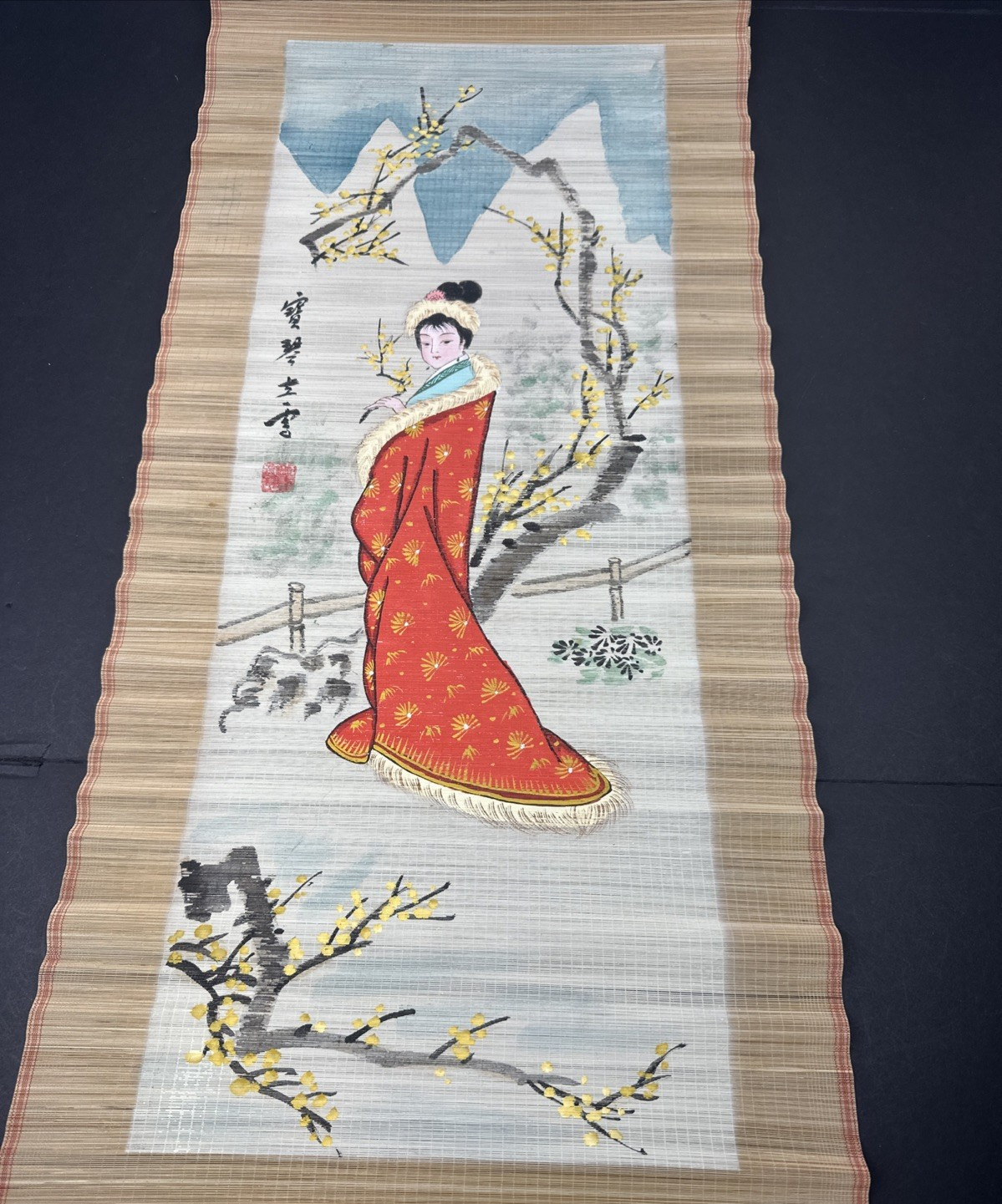 Vintage Asian Bamboo Scroll Wall Hanging Hand Painted Geisha Woman Floral 130×40