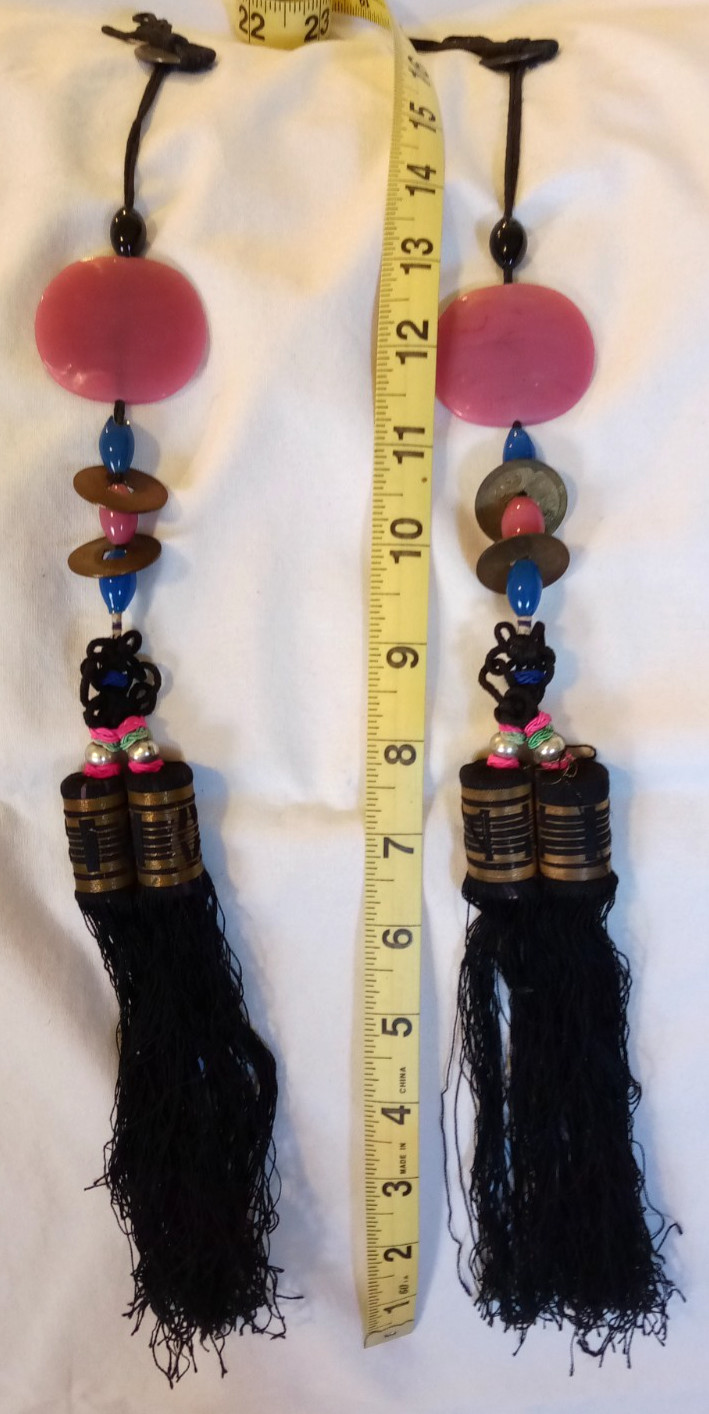 Antique Chinese Silk Tassels w Glass Beads and coins 18″
