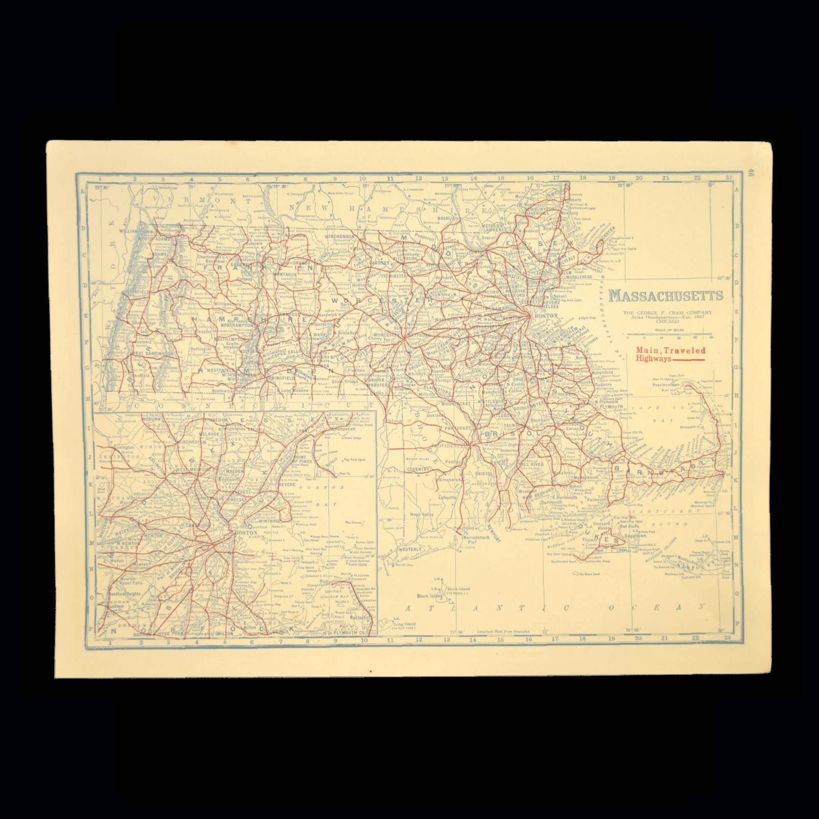 Vintage MASSACHUSETTS Highway Map Auto Trails Old Original Boston 1920s