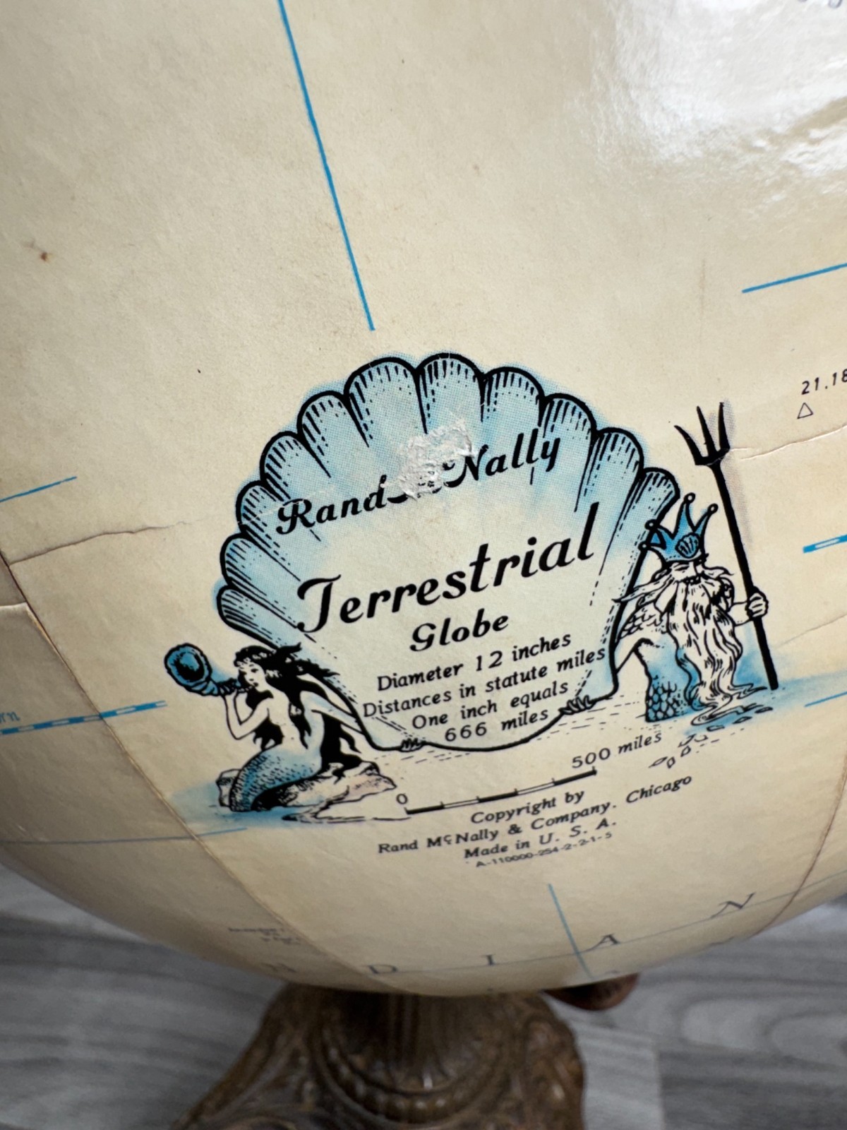 VINTAGE RAND MCNALLY TERRESTRIAL GLOBE 12” WITH OLD IRON METAL ORNATE BASE