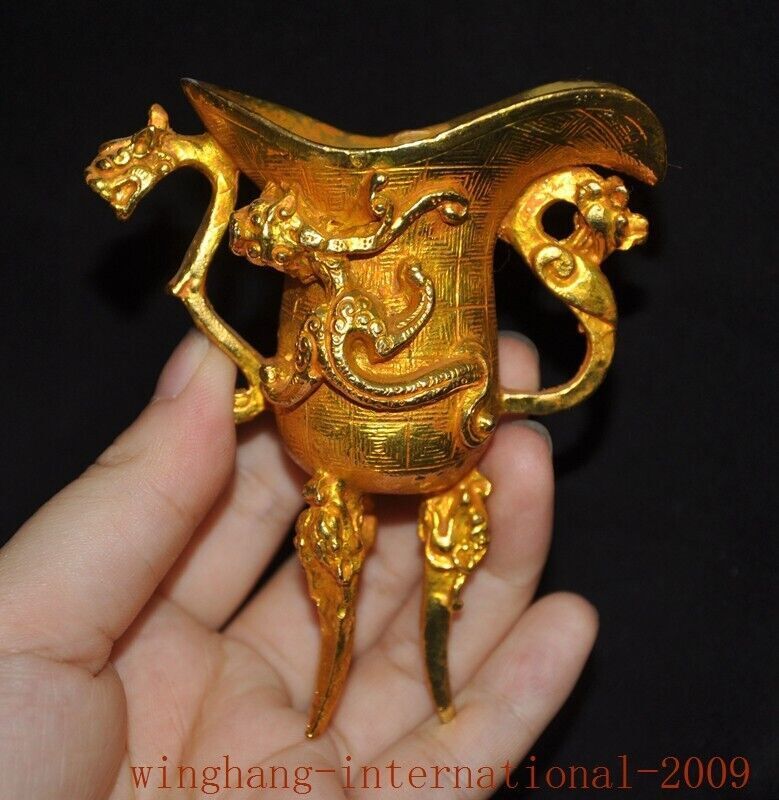 3.6″China Dynasty palace bronze 24k Gold Gilt fengshui Beast jue wineglass cup