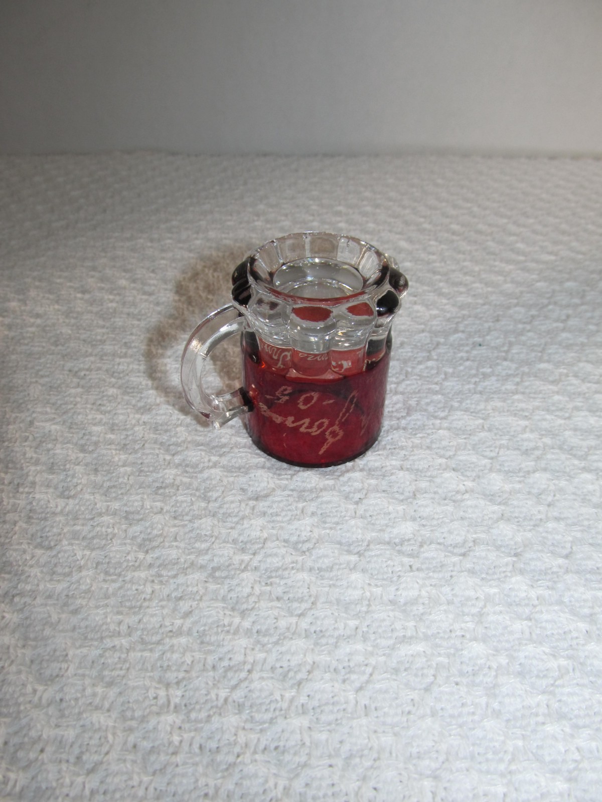 Antique Etched Jones Irma Ruby Flash Erie 1905 Souvenir Fair Red Mini Mug 2″