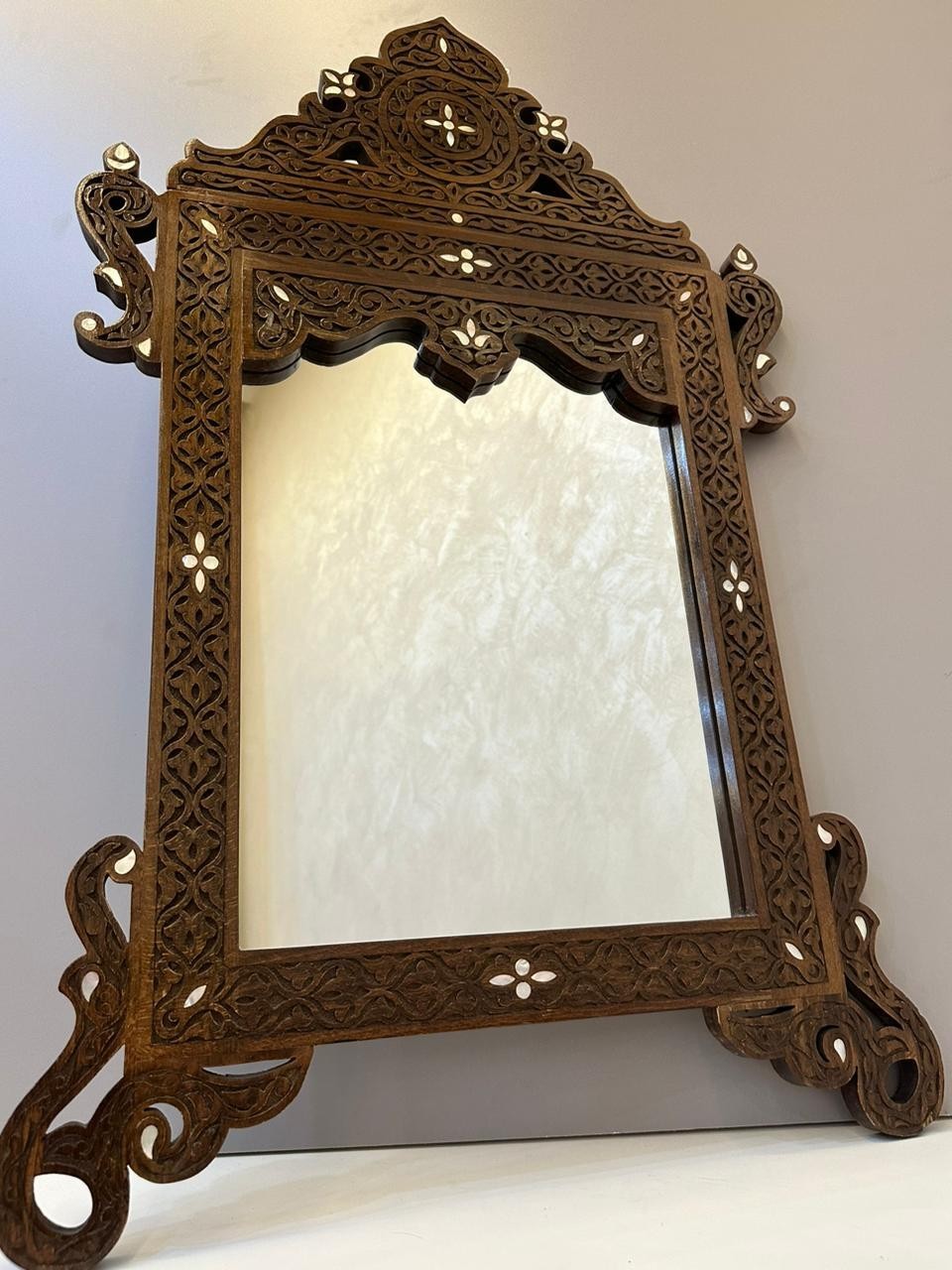Syrian Damascus Hand-Carved Walnut Wall Mirror w/ Mother of Pearl Inlay – 35″ x